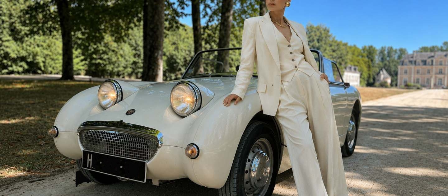 Austin-Healey Sprite MkI ivoire devant un château
